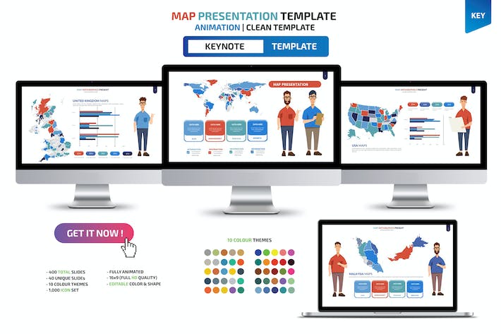 人物插画世界各国地图区域keynote模板 - 顶尖PPT