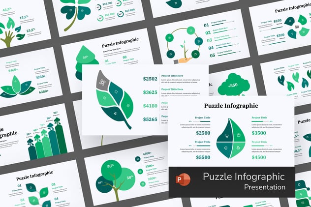 绿色树叶信息图形展示PPT模板 - 顶尖PPT