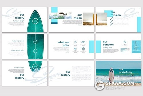 30页5种配色旅游度假冲浪冒险Google slides模板 - 顶尖PPT