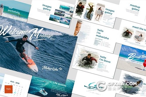 30页5种配色旅游度假冲浪冒险Google slides模板 - 顶尖PPT