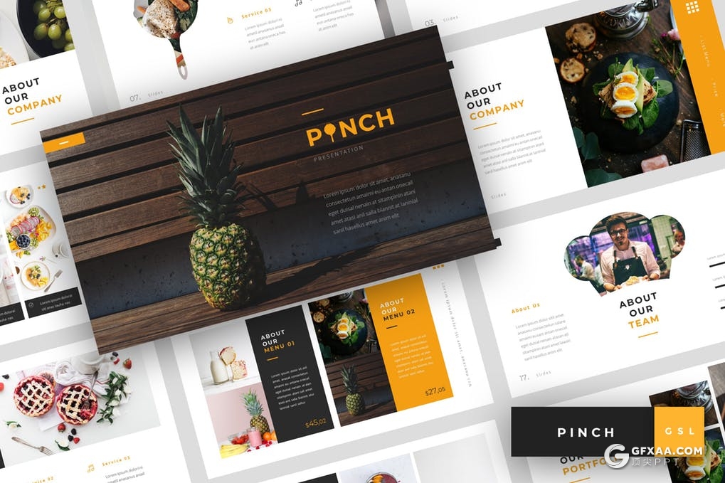 30页简约西式餐饮展示Google slides模板 - 顶尖PPT