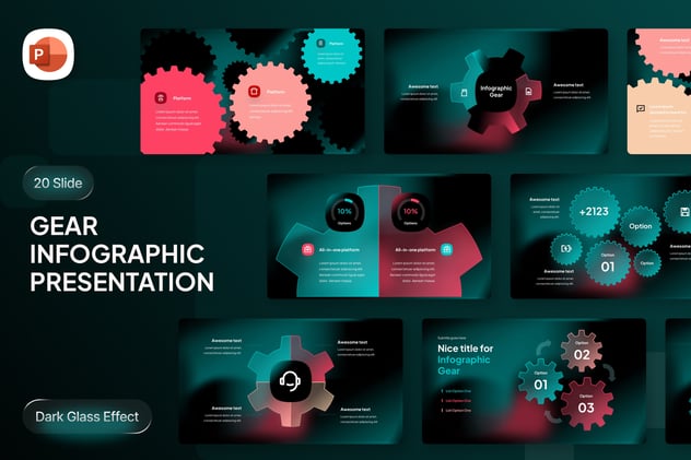 黑色毛玻璃质感齿轮图形PPT模板 - 顶尖PPT