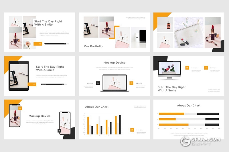 32页橙色简约风格时尚服装展示Google slides模板 - 顶尖PPT