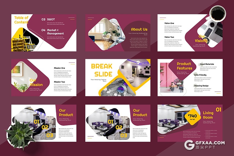 50页紫色多边形作品案例展示ppt模板 - 顶尖PPT