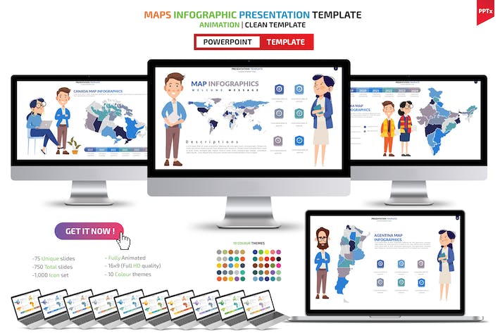 卡通人物插画世界国家地图PPT模板 - 顶尖PPT