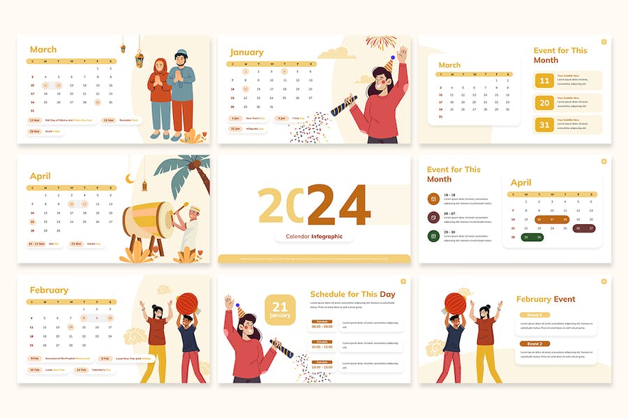 2024日历月份节日人物插画keynote模板 - 顶尖PPT