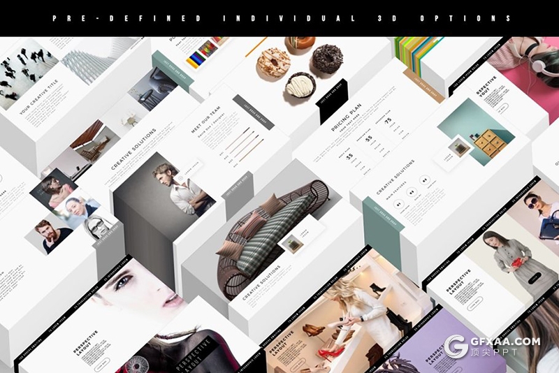 140页黑白色调彩色微立体图形时尚图片展示PPT模板 - 顶尖PPT