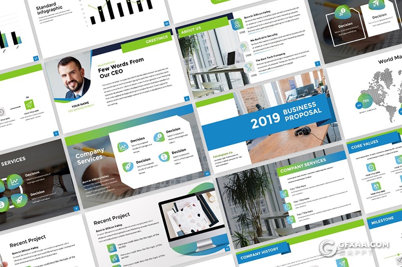 49页蓝绿搭配商业计划书PPT模板 - 顶尖PPT