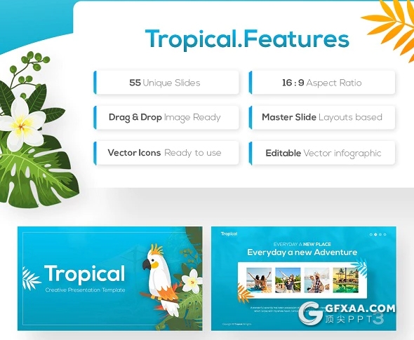 55页户外旅游度假热带风景展示ppt模板 11种主题配色 - 顶尖PPT
