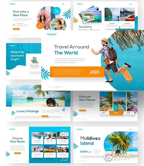 55页户外旅游度假热带风景展示ppt模板 11种主题配色 - 顶尖PPT