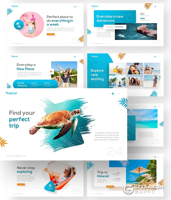 55页户外旅游度假热带风景展示ppt模板 11种主题配色 - 顶尖PPT
