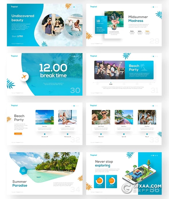 55页户外旅游度假热带风景展示ppt模板 11种主题配色 - 顶尖PPT