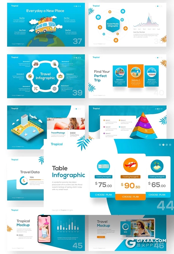 55页户外旅游度假热带风景展示ppt模板 11种主题配色 - 顶尖PPT