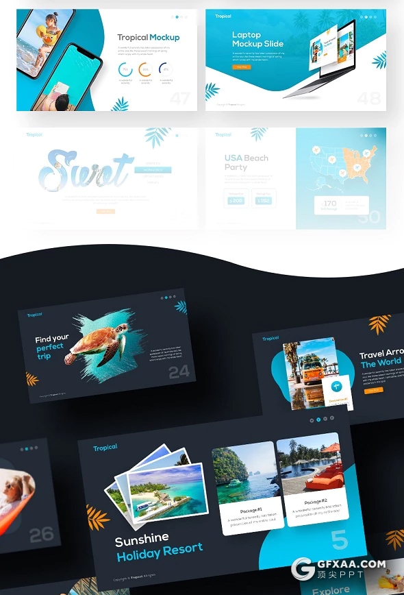 55页户外旅游度假热带风景展示ppt模板 11种主题配色 - 顶尖PPT