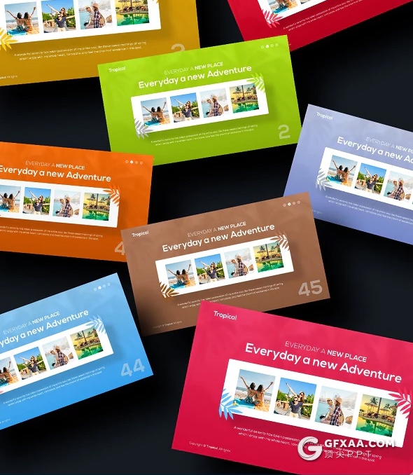 55页户外旅游度假热带风景展示ppt模板 11种主题配色 - 顶尖PPT