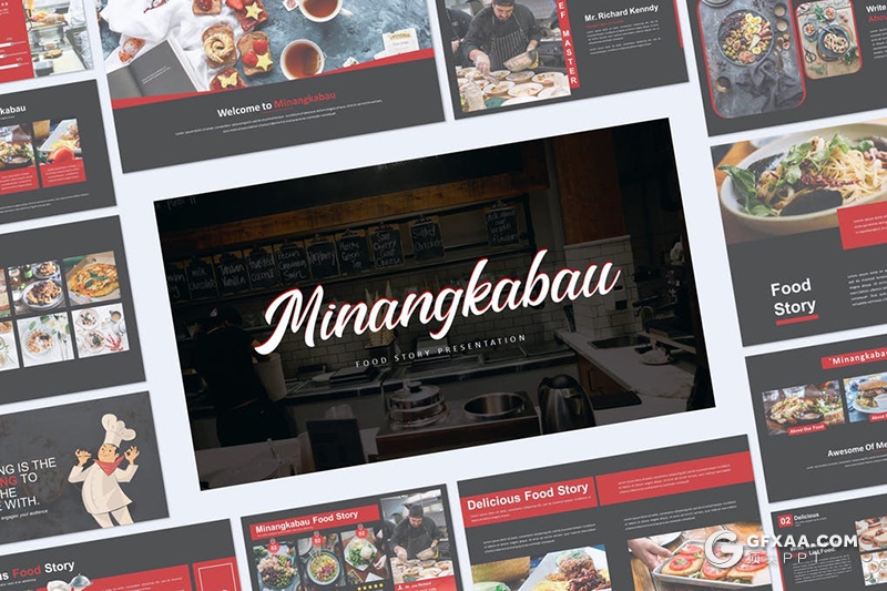 56页黑红搭配餐饮美食介绍展示Google slides模板 - 顶尖PPT