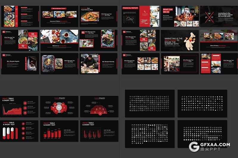 56页黑红搭配餐饮美食介绍展示Google slides模板 - 顶尖PPT