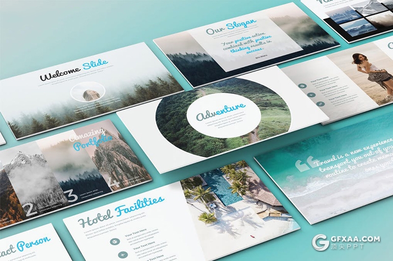 30页5种配色户外探险旅游度假Google slides模板 - 顶尖PPT