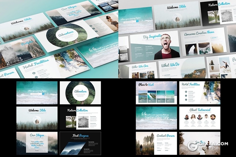 30页5种配色户外探险旅游度假Google slides模板 - 顶尖PPT
