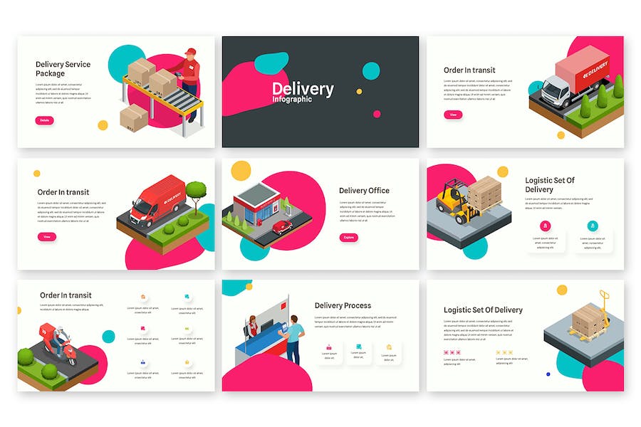 物流快递送货签收卡通场景人物插画PPT模板 - 顶尖PPT