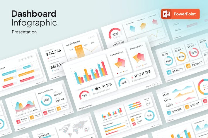 彩色渐变数据统计图形图表PPT圆形柱形折线图形PPT模板 - 顶尖PPT