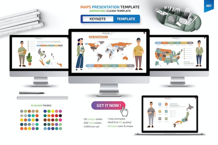 人物插画世界各国地图keynote动画模板 - 顶尖PPT