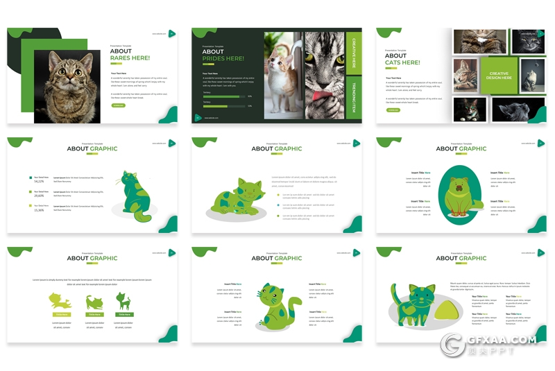 30页5种配色猫类动物介绍展示PPT模板 - 顶尖PPT
