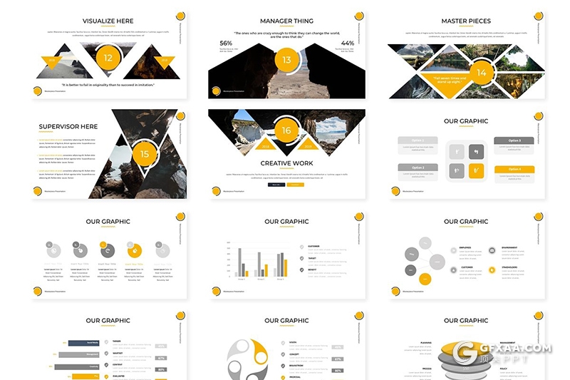 30页创意三角形户外风景展示PPT模板 5种主题配色 - 顶尖PPT