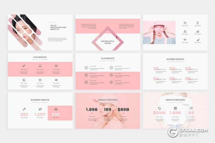 82页粉色国外简约风格商务图片展示多用途PPT模板 - 顶尖PPT