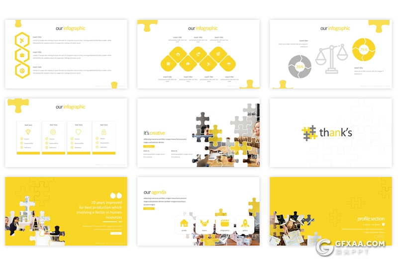 30页扁平化拼图效果国外商务通用PPT模板 5种主题配色 - 顶尖PPT