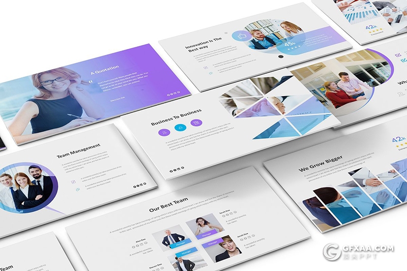 34页紫色渐变国外企业会议项目合作PPT模板 - 顶尖PPT