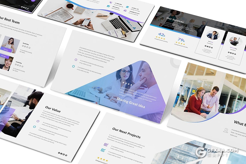 34页紫色渐变国外企业会议项目合作PPT模板 - 顶尖PPT