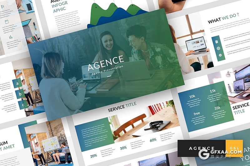 36页渐变绿团队介绍公司工作环境展示Google slides模板 - 顶尖PPT