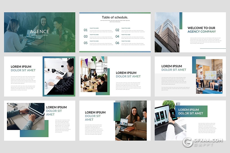 36页渐变绿团队介绍公司工作环境展示Google slides模板 - 顶尖PPT