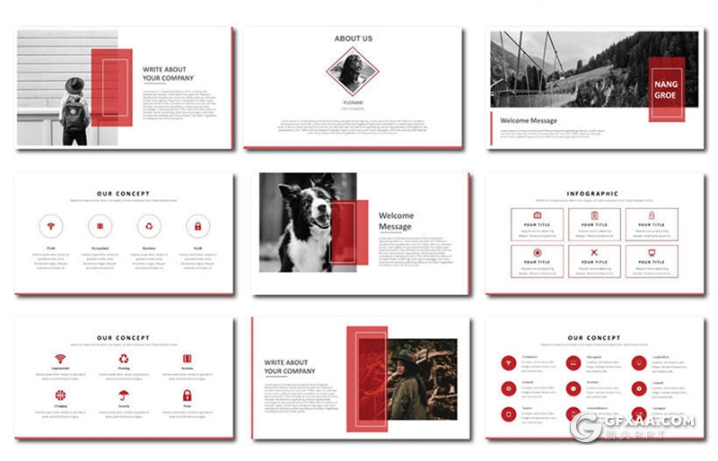 30页红色国外简约风格摄影图片展示ppt模板 - 顶尖PPT