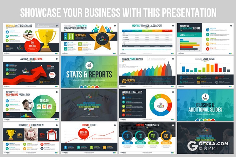 269页国外史诗级商务PPT模板30种主题配色3种尺寸2500+个矢量icon图标 - 顶尖PPT