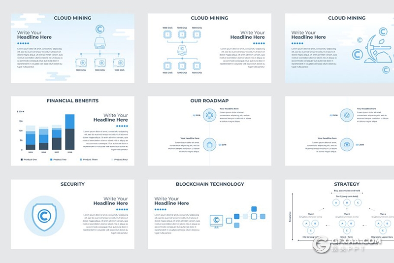 52页扁平化图形设计数字虚拟货币介绍展示PPT模板 5种主题配色 - 顶尖PPT