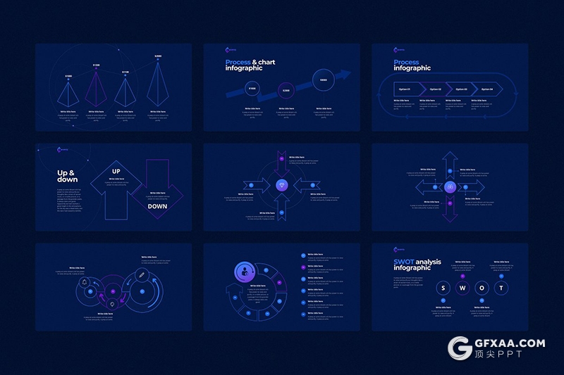 122页深蓝色科技创意线性图形高端商务PPT模板 - 顶尖PPT