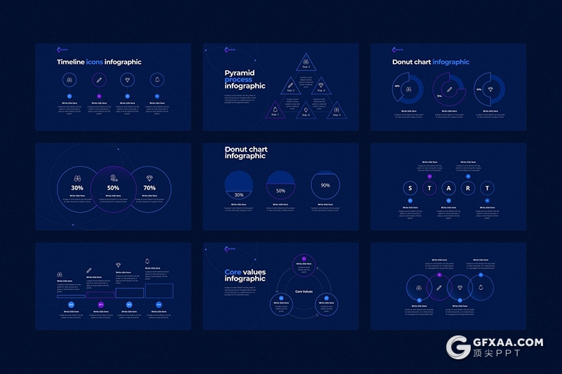 122页深蓝色科技创意线性图形高端商务PPT模板 - 顶尖PPT