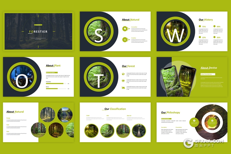 30页5种配色森林绿化原始森林介绍ppt模板 - 顶尖PPT