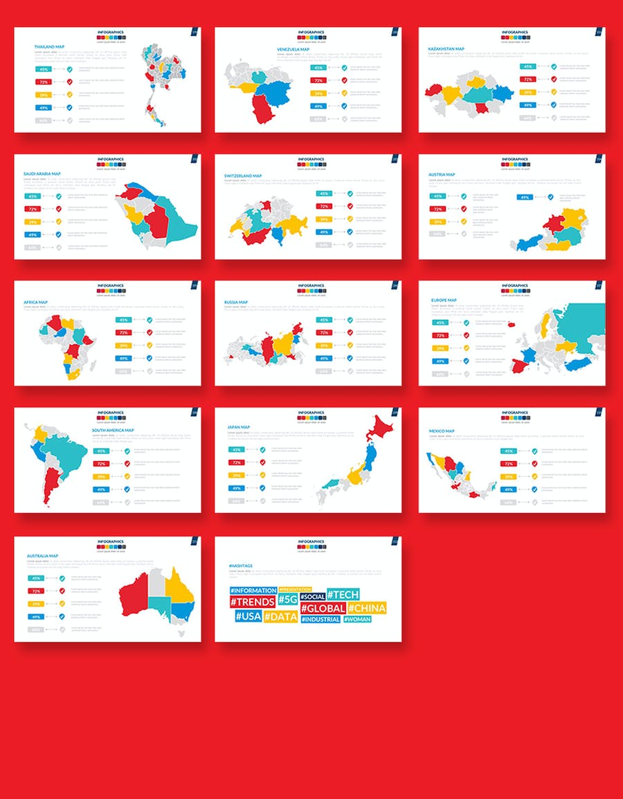 卡通商务插画要点图形国家地图PPT模板 - 顶尖PPT