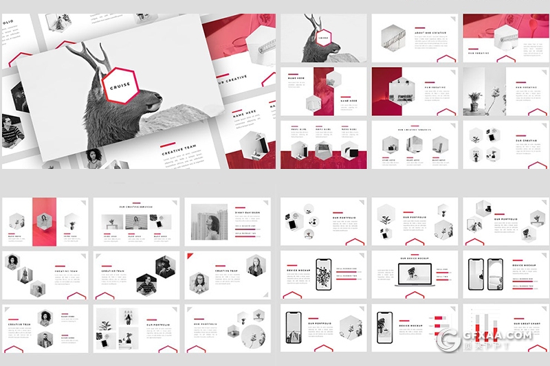 30页5种配色创意六边形组合简约商务Google slides模板 - 顶尖PPT