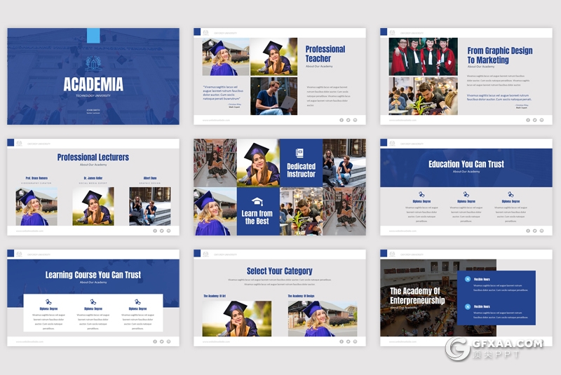 50页学术界大学介绍校园环境展示PPT模板 8种主题配色 - 顶尖PPT