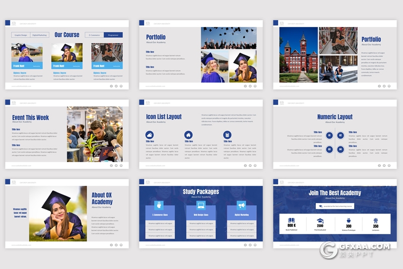 50页学术界大学介绍校园环境展示PPT模板 8种主题配色 - 顶尖PPT