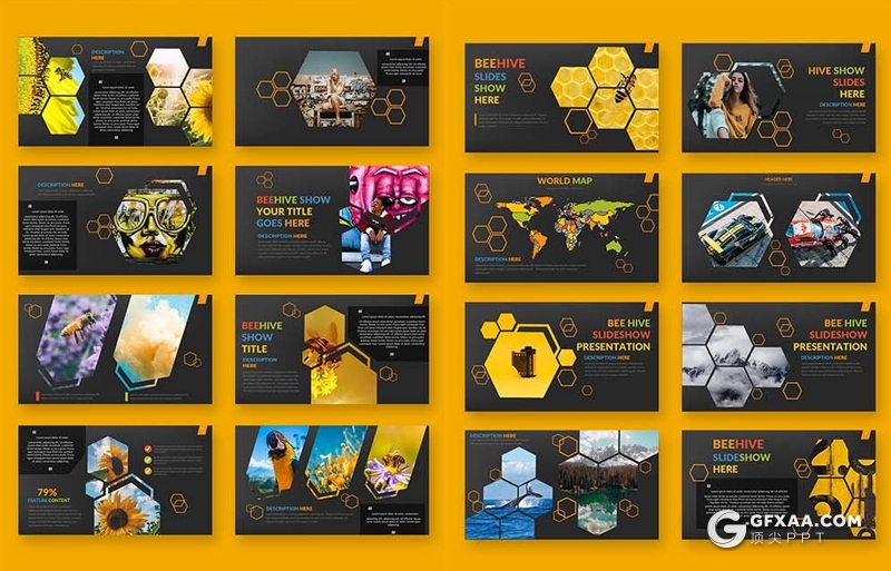 53页创意六边形组合蜂巢图形PPT模板 - 顶尖PPT