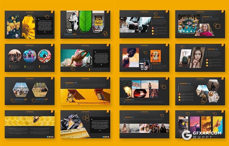 53页创意六边形组合蜂巢图形PPT模板 - 顶尖PPT