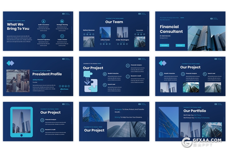 60页蓝色商业房地产分析介绍展示PPT模板 - 顶尖PPT