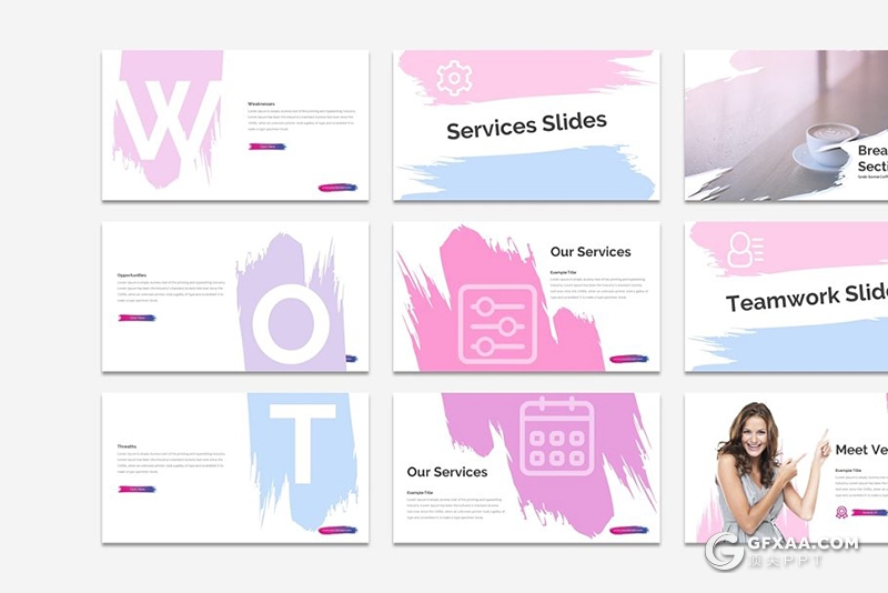 30页创意笔刷图形设计精美渐变配色商务Google slides模板 5种配色风格 - 顶尖PPT