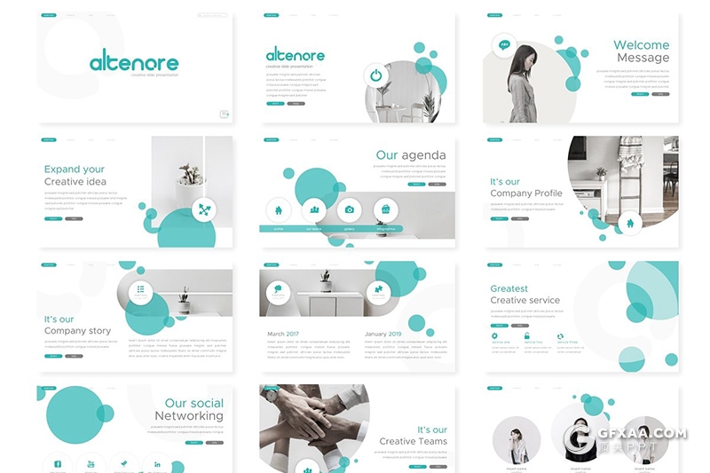 30页创意圆形组合设计商务多用途Google slides模板 5种主题配色 - 顶尖PPT