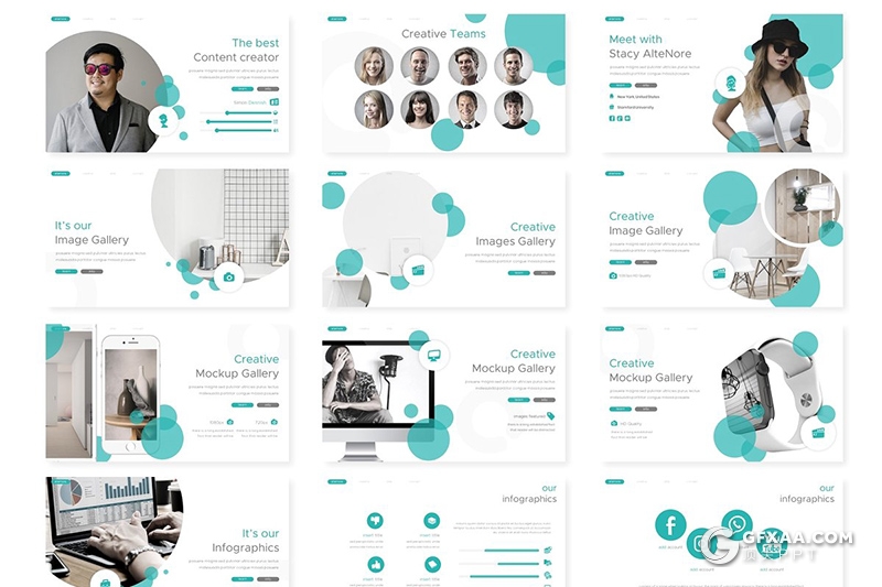 30页创意圆形组合设计商务多用途Google slides模板 5种主题配色 - 顶尖PPT